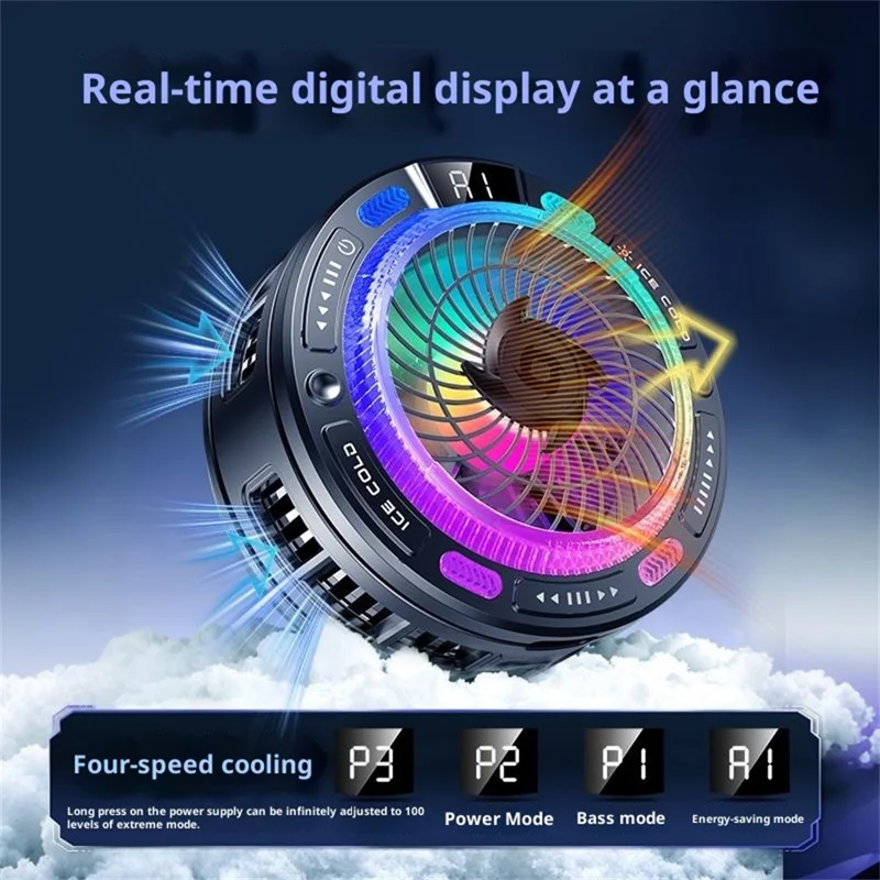 K50 Magnetic Phone Cooler Digital Display RGB Light Semiconductor Cooling Fan for iPhone Android Gaming - Black