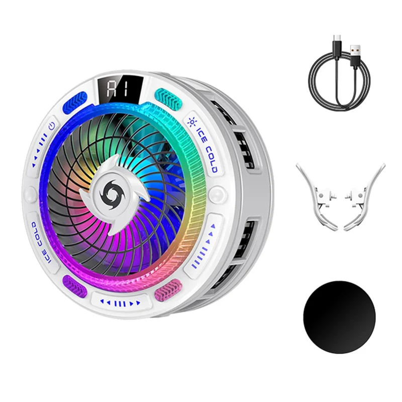 K50 Magnetic Phone Cooler Digital Display RGB Light Semiconductor Cooling Fan for iPhone Android Gaming - White