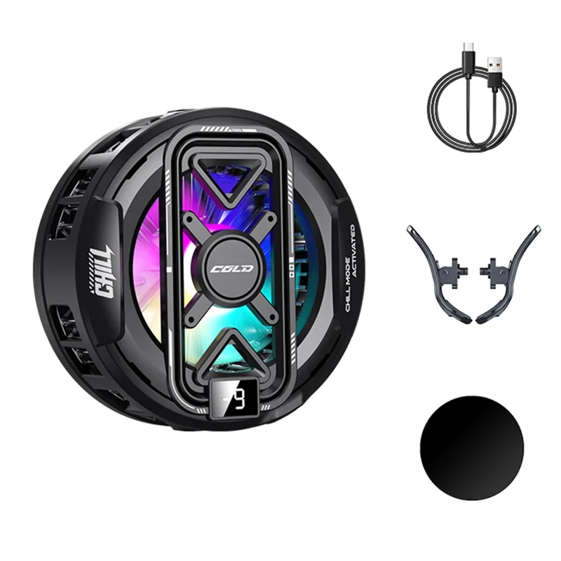 K51 Magnetic Phone Cooler Semiconductor Cooling Pad 3-Gear RGB LED Digital Display Game Radiator for iPhone Android - Black