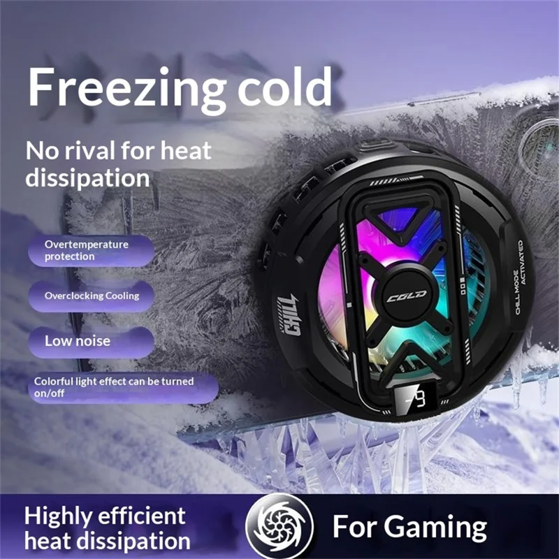 K51 Magnetic Phone Cooler Semiconductor Cooling Pad 3-Gear RGB LED Digital Display Game Radiator for iPhone Android - Black