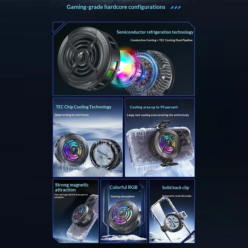 K56 Magnetic Phone Cooler TEC Semiconductor Cooling RGB Light Cooling Fan for iPhone Android Gaming - Black