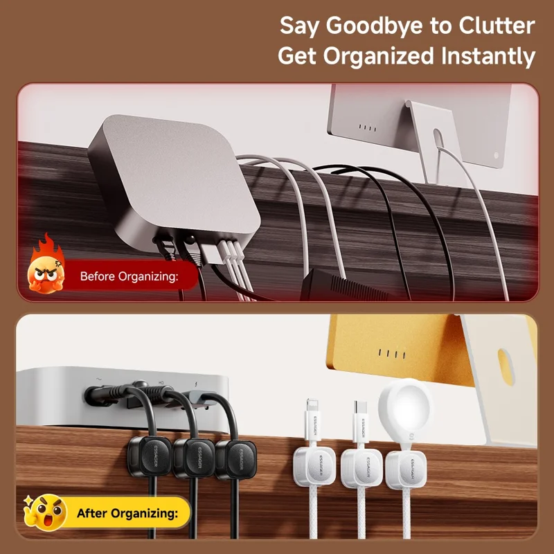 ESSAGER ES-ZL01 Magnetic Cable Organizer Desk Cord Holder with Strong Adhesive Backing 4 Rollers Wire Management Clip Keeper - Black