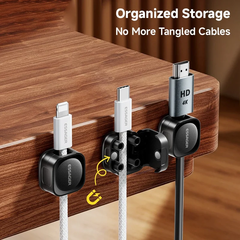 ESSAGER ES-ZL01 Magnetic Cable Organizer Desk Cord Holder with Strong Adhesive Backing 4 Rollers Wire Management Clip Keeper - Black