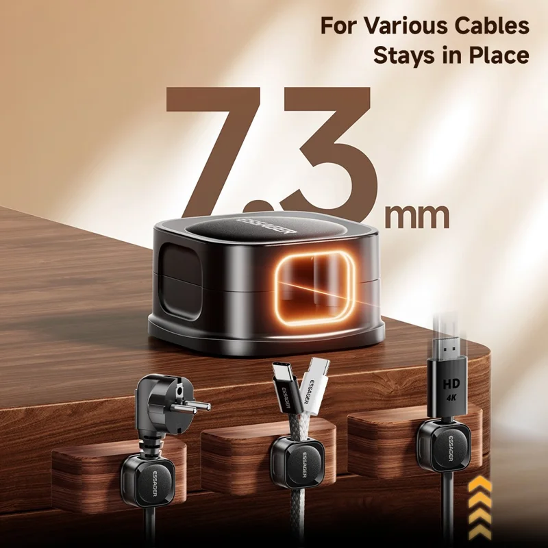 ESSAGER ES-ZL01 Magnetic Cable Organizer Desk Cord Holder with Strong Adhesive Backing 4 Rollers Wire Management Clip Keeper - Black