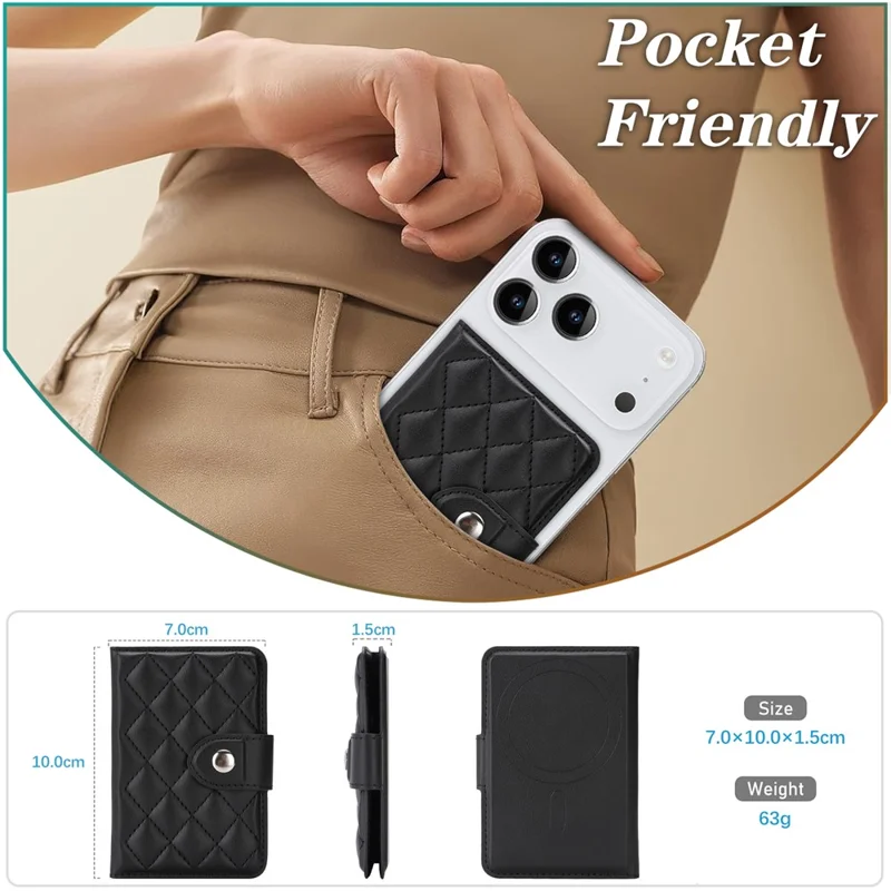 Magnetic Card Holder Wallet for iPhone 17 / 16 / 15 / 14 / 13 / 12 Series PU Leather Foldable Phone Kickstand - Black