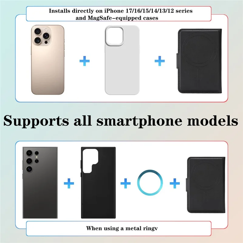 Magnetic Card Holder Wallet for iPhone 17 / 16 / 15 / 14 / 13 / 12 Series PU Leather Foldable Phone Kickstand - Black