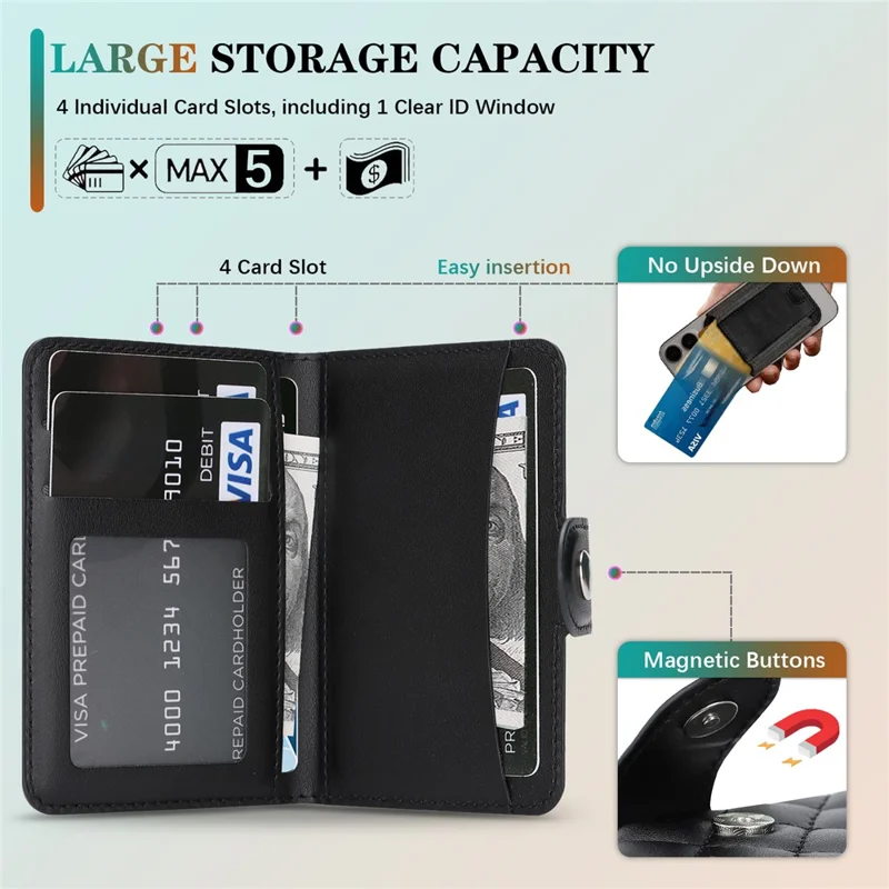 Magnetic Card Holder Wallet for iPhone 17 / 16 / 15 / 14 / 13 / 12 Series PU Leather Foldable Phone Kickstand - Black
