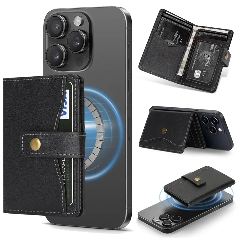Magnetic Phone Wallet PU Leather Card Holder with Stand Function - Black