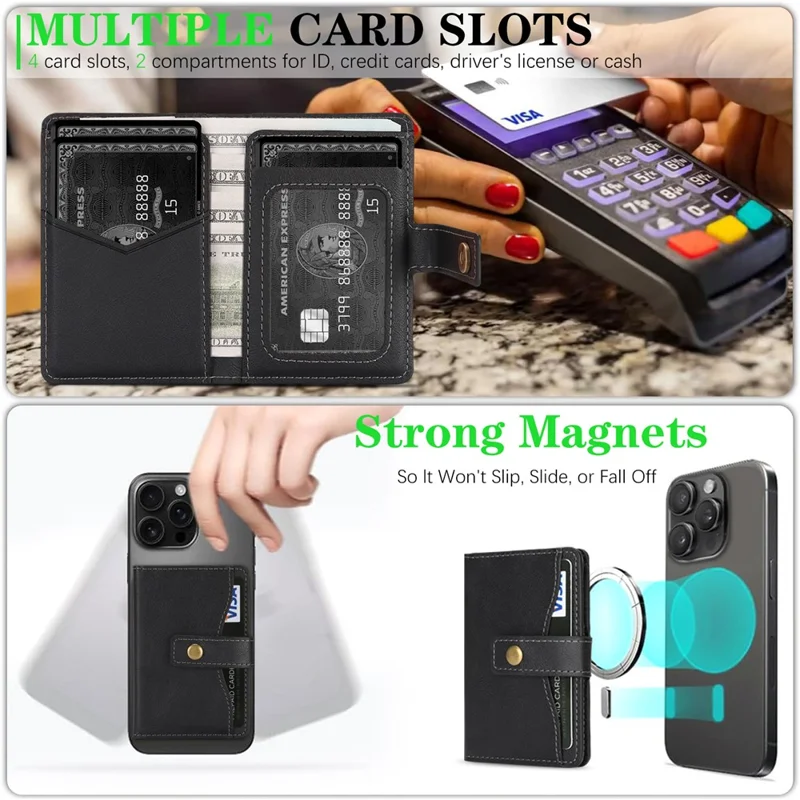 Magnetic Phone Wallet PU Leather Card Holder with Stand Function - Black