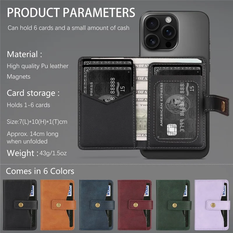 Magnetic Phone Wallet PU Leather Card Holder with Stand Function - Black