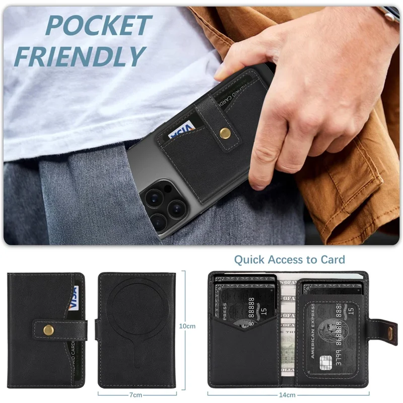 Magnetic Phone Wallet PU Leather Card Holder with Stand Function - Black