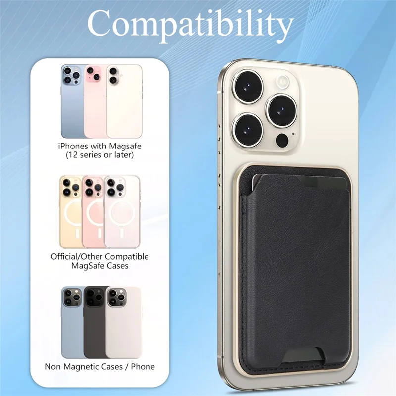 Ultra Thin PU Leather Magnetic Card Wallet Card Holder Compatible with MagSafe Devices - Black