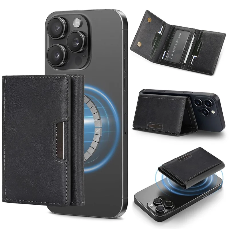 Magnetic Card Holder Tri-Fold PU Leather Wallet Stand Compatible with MagSafe - Black