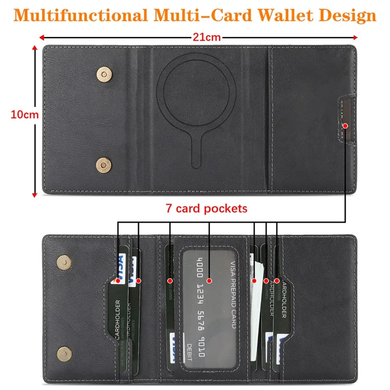 Magnetic Card Holder Tri-Fold PU Leather Wallet Stand Compatible with MagSafe - Black