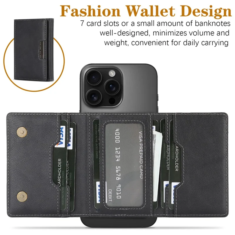 Magnetic Card Holder Tri-Fold PU Leather Wallet Stand Compatible with MagSafe - Black