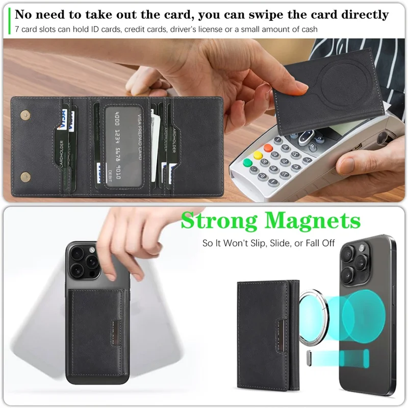 Magnetic Card Holder Tri-Fold PU Leather Wallet Stand Compatible with MagSafe - Black