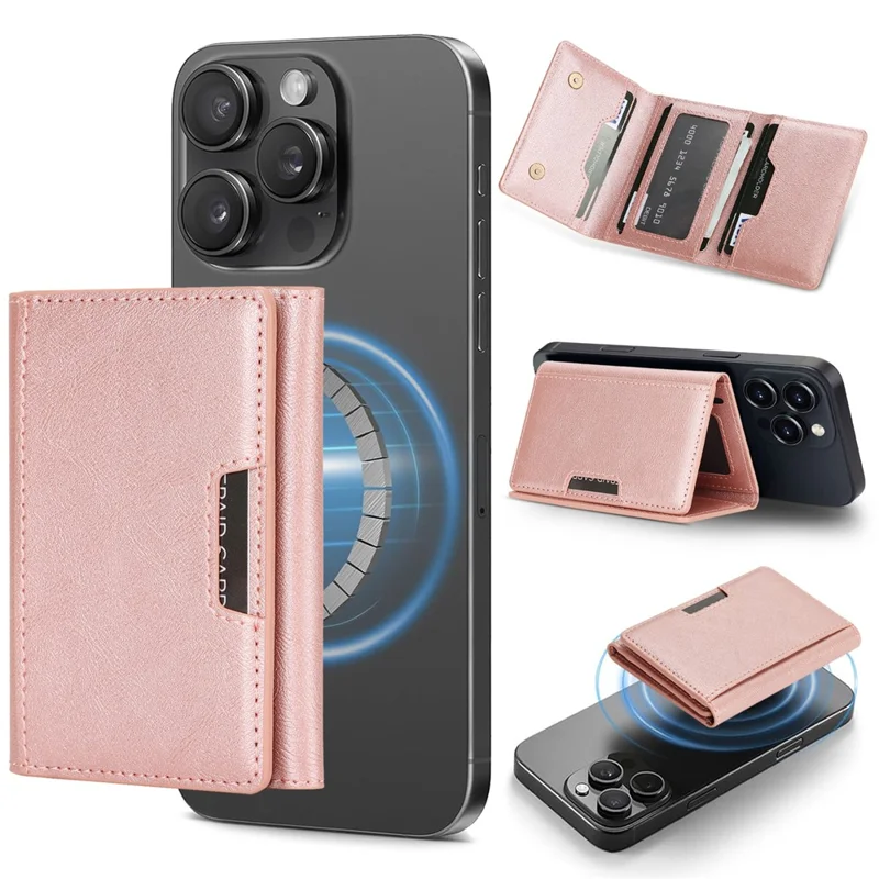 Magnetic Card Holder Tri-Fold PU Leather Wallet Stand Compatible with MagSafe - Pink