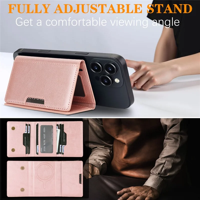 Magnetic Card Holder Tri-Fold PU Leather Wallet Stand Compatible with MagSafe - Pink