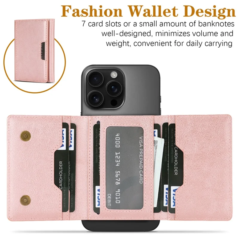 Magnetic Card Holder Tri-Fold PU Leather Wallet Stand Compatible with MagSafe - Pink