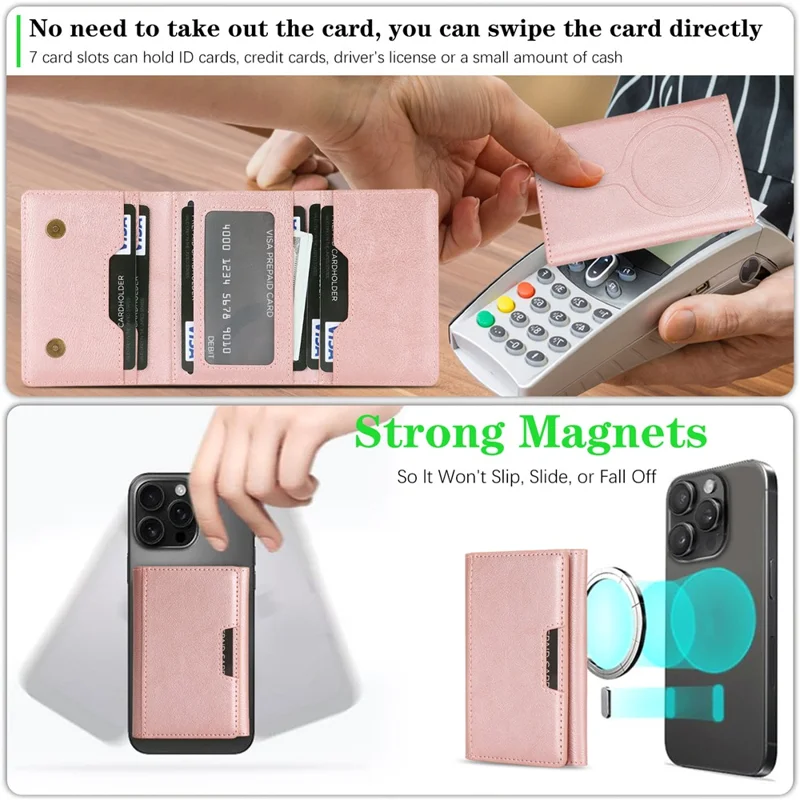 Magnetic Card Holder Tri-Fold PU Leather Wallet Stand Compatible with MagSafe - Pink