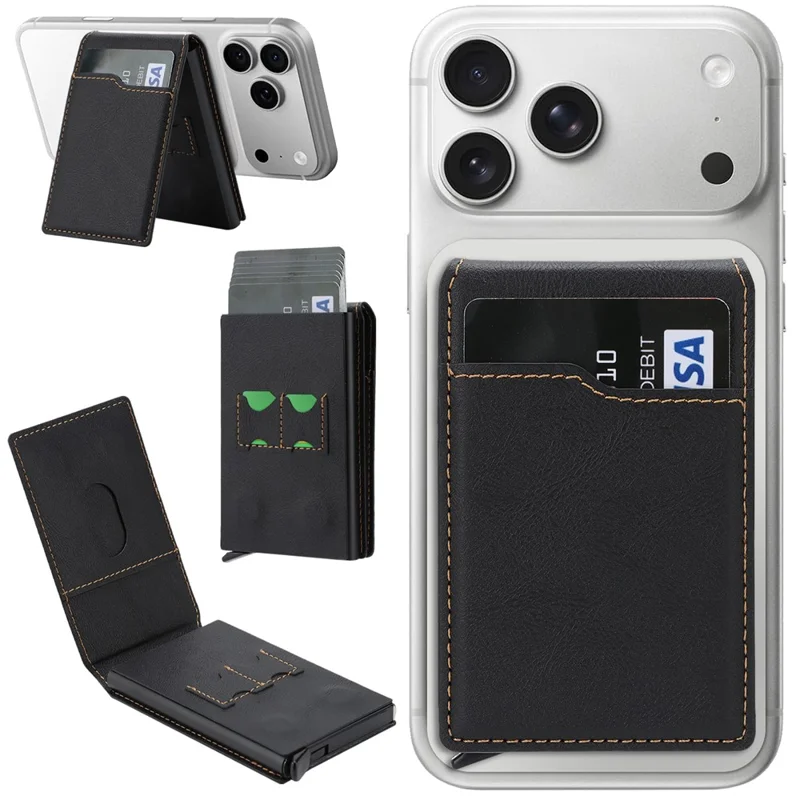 Magnetic Phone Wallet Card Organizer for iPhone 12-17 Series PU Leather Card Holder with Stand - Black