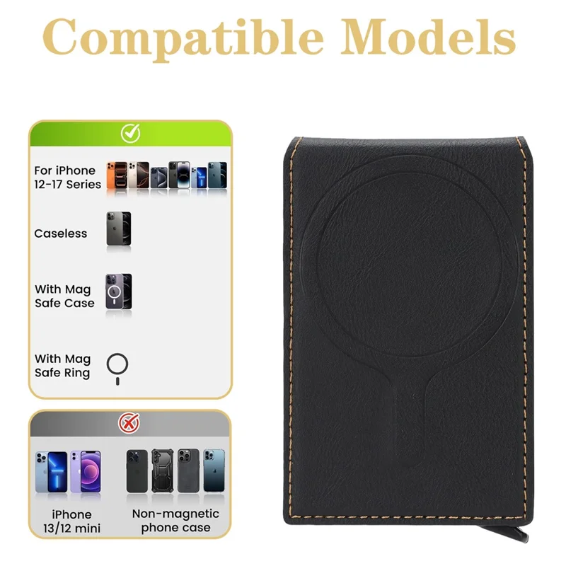 Magnetic Phone Wallet Card Organizer for iPhone 12-17 Series PU Leather Card Holder with Stand - Black