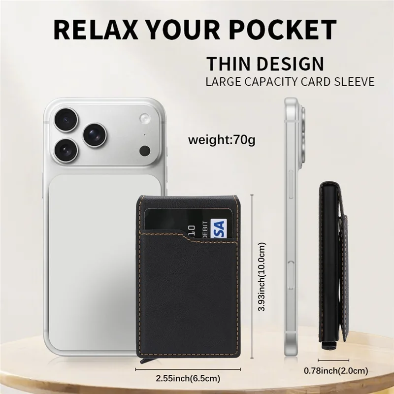Magnetic Phone Wallet Card Organizer for iPhone 12-17 Series PU Leather Card Holder with Stand - Black