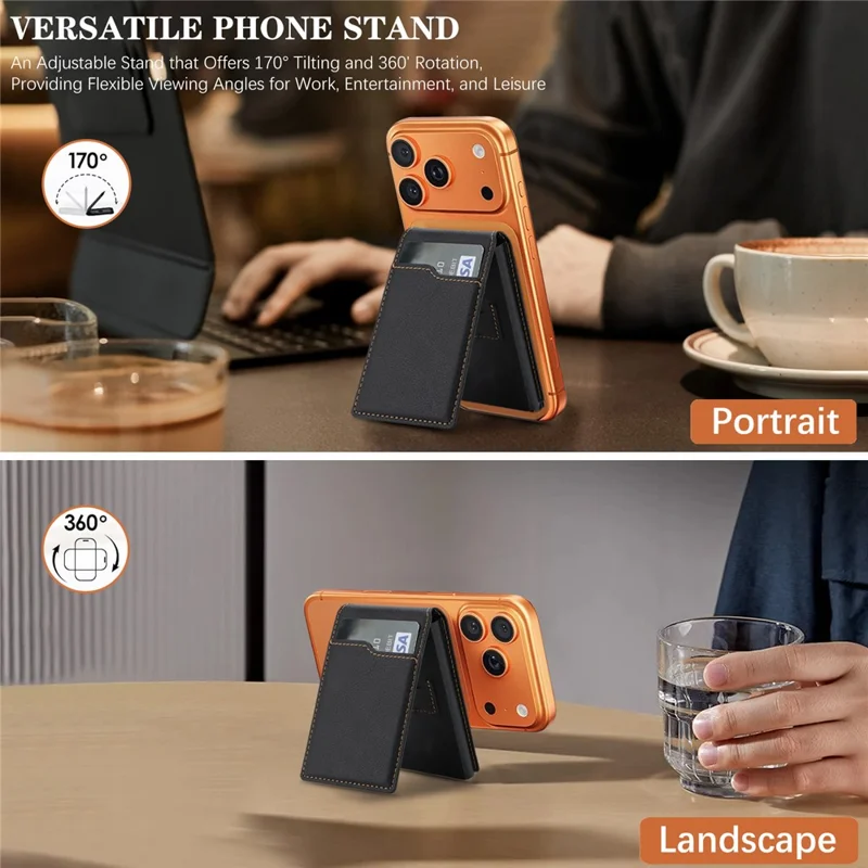 Magnetic Phone Wallet Card Organizer for iPhone 12-17 Series PU Leather Card Holder with Stand - Black