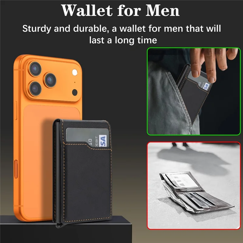 Magnetic Phone Wallet Card Organizer for iPhone 12-17 Series PU Leather Card Holder with Stand - Black