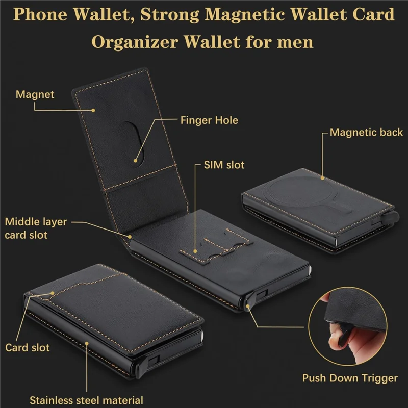 Magnetic Phone Wallet Card Organizer for iPhone 12-17 Series PU Leather Card Holder with Stand - Black