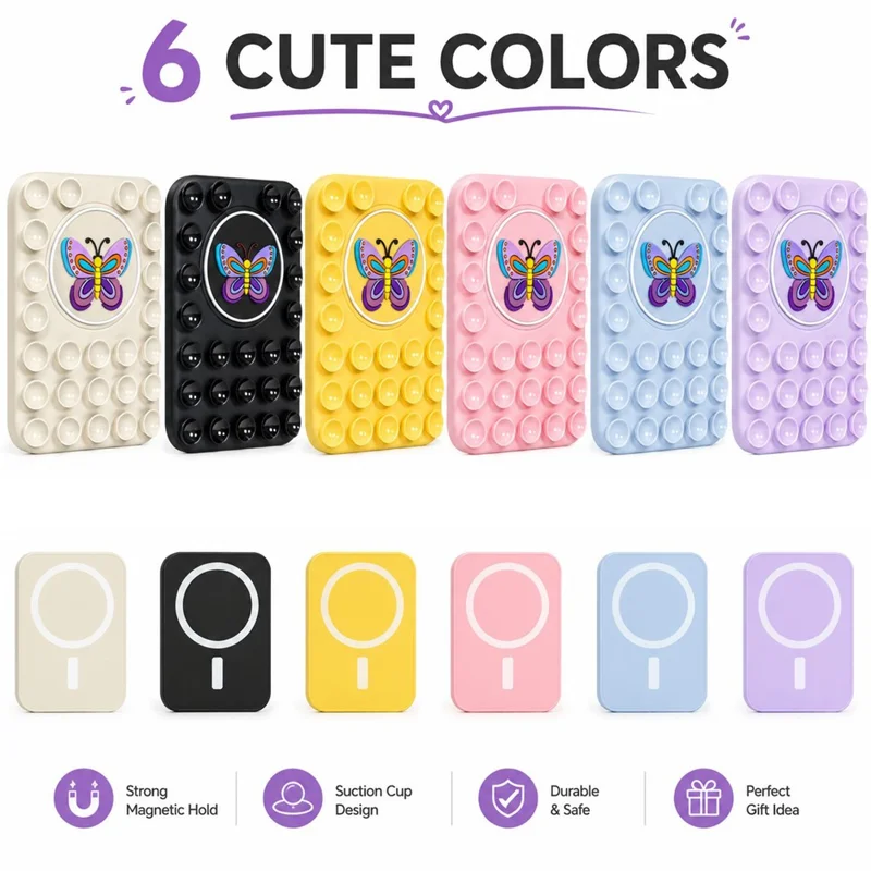 Butterfly Pattern Magnetic Suction Cup Phone Mount Compatible with MagSafe Case Silicone Sticky Grip Holder - Yellow