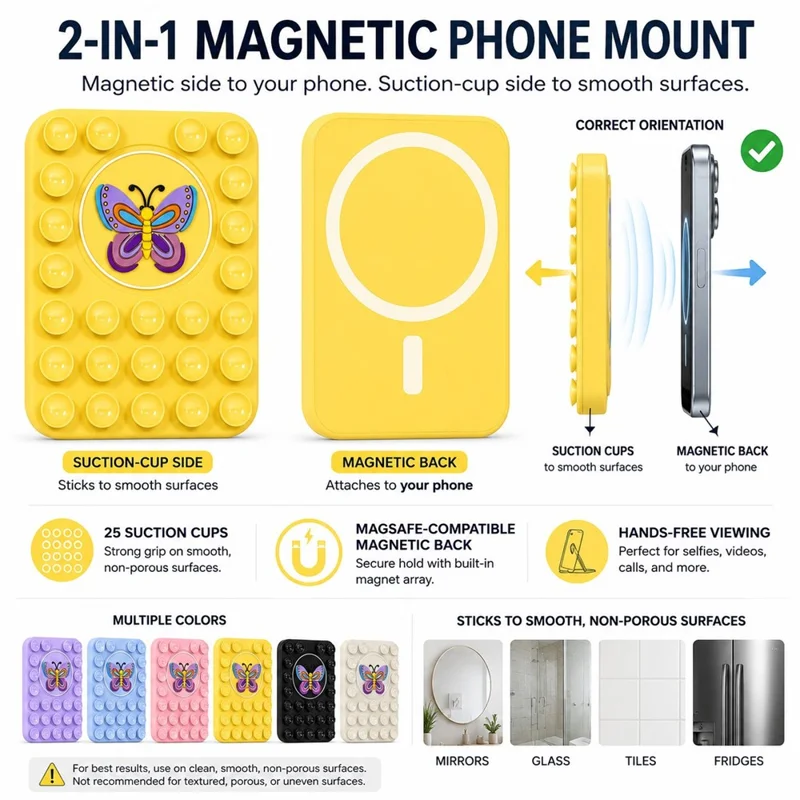 Butterfly Pattern Magnetic Suction Cup Phone Mount Compatible with MagSafe Case Silicone Sticky Grip Holder - Yellow