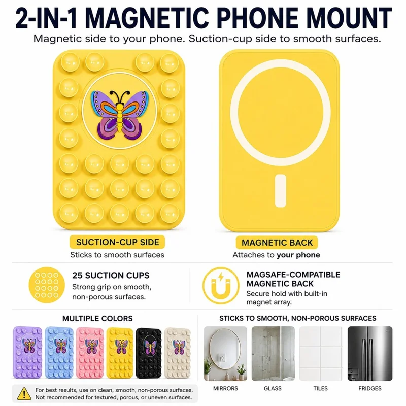 Butterfly Pattern Magnetic Suction Cup Phone Mount Compatible with MagSafe Case Silicone Sticky Grip Holder - Yellow