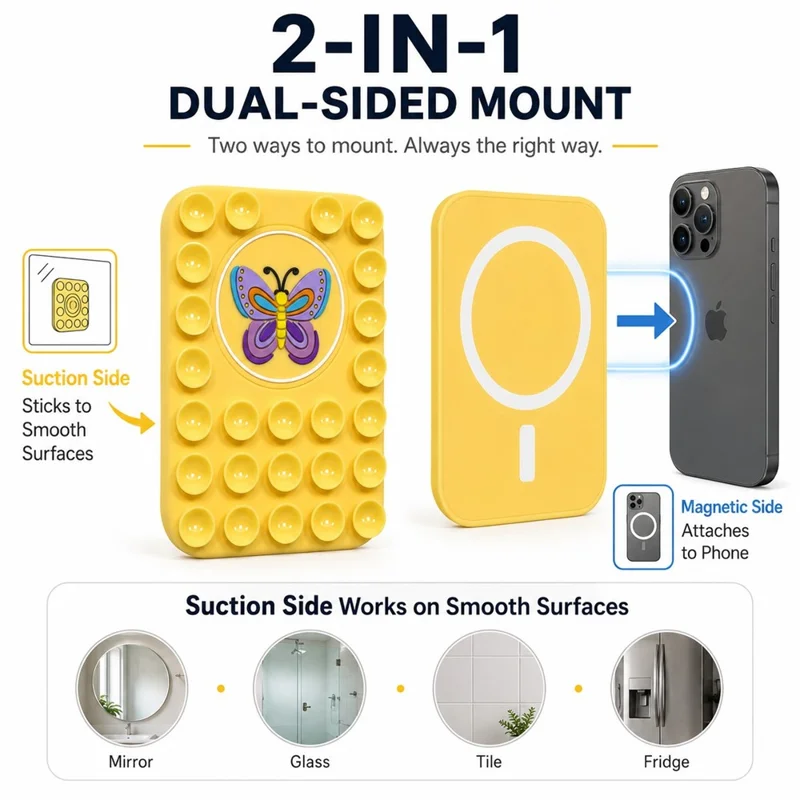 Butterfly Pattern Magnetic Suction Cup Phone Mount Compatible with MagSafe Case Silicone Sticky Grip Holder - Yellow