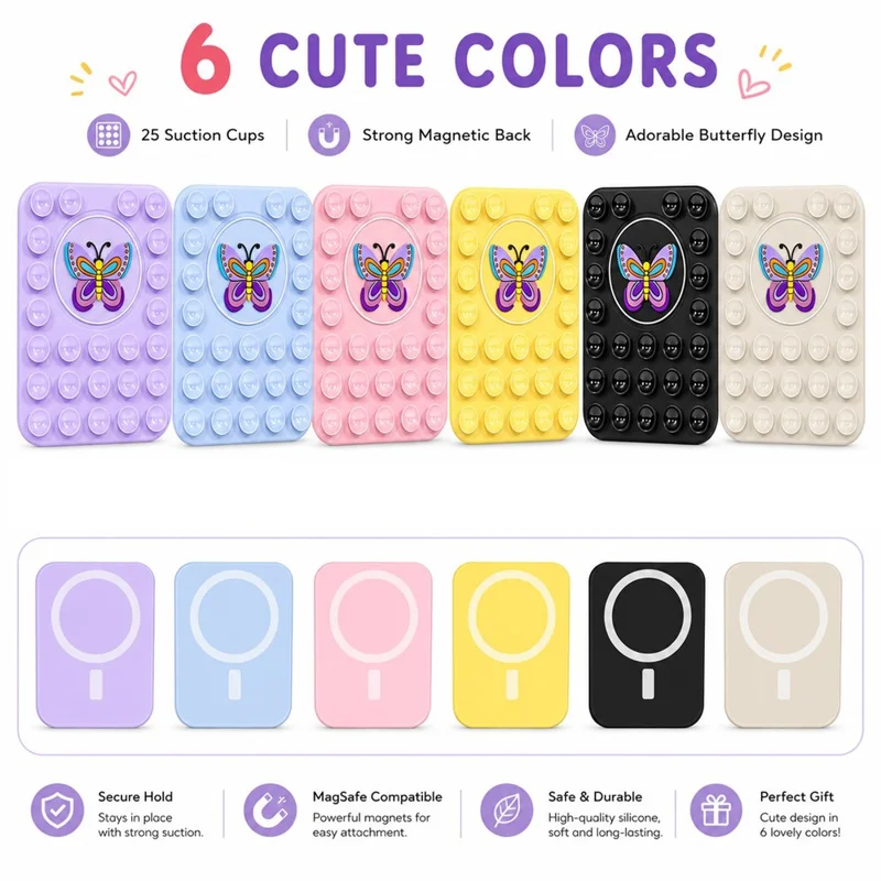 Butterfly Pattern Magnetic Suction Cup Phone Mount Compatible with MagSafe Case Silicone Sticky Grip Holder - Yellow