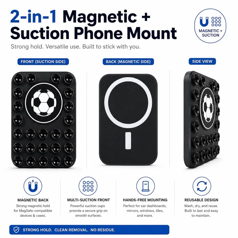 Football Pattern Magnetic Suction Cup Phone Mount Compatible with MagSafe Case Silicone Sticky Grip Holder - Black