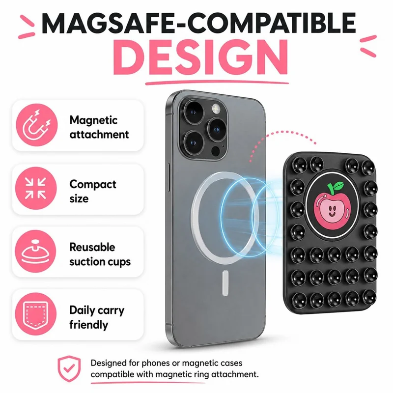 Apple Pattern Magnetic Suction Cup Phone Mount Compatible with MagSafe Case Silicone Sticky Grip Holder - Yellow