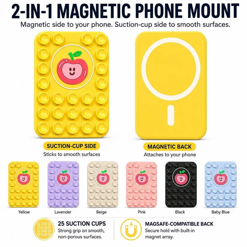 Apple Pattern Magnetic Suction Cup Phone Mount Compatible with MagSafe Case Silicone Sticky Grip Holder - Light Pink