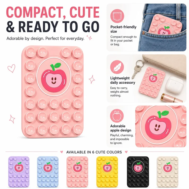 Apple Pattern Magnetic Suction Cup Phone Mount Compatible with MagSafe Case Silicone Sticky Grip Holder - Light Pink