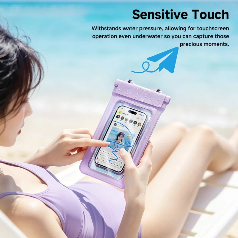 ESSAGER ES-FSD04 Waterproof Phone Pouch IPX8 Floating Airbag Design Clear Touch Screen Underwater Case - Purple
