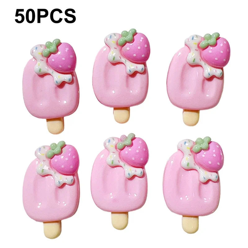 50Pcs DIY Ice Cream Popsicle Charms Strawberry PC Decorations for Phone Case Hair Accessories - Pink