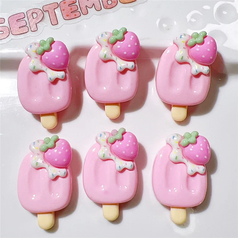 50Pcs DIY Ice Cream Popsicle Charms Strawberry PC Decorations for Phone Case Hair Accessories - Pink