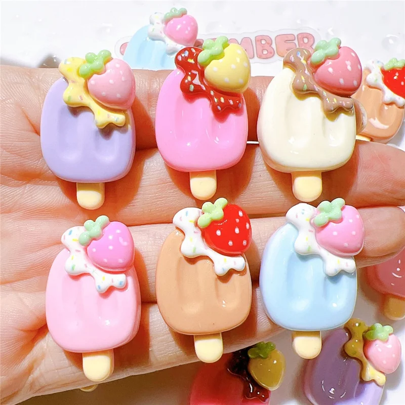 50Pcs DIY Ice Cream Popsicle Charms Strawberry PC Decorations for Phone Case Hair Accessories - Pink