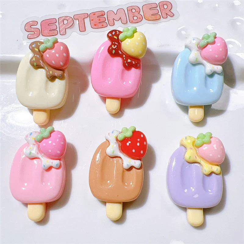 50Pcs DIY Ice Cream Popsicle Charms Strawberry PC Decorations for Phone Case Hair Accessories - Pink