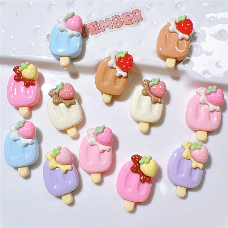 50Pcs DIY Ice Cream Popsicle Charms Strawberry PC Decorations for Phone Case Hair Accessories - Pink