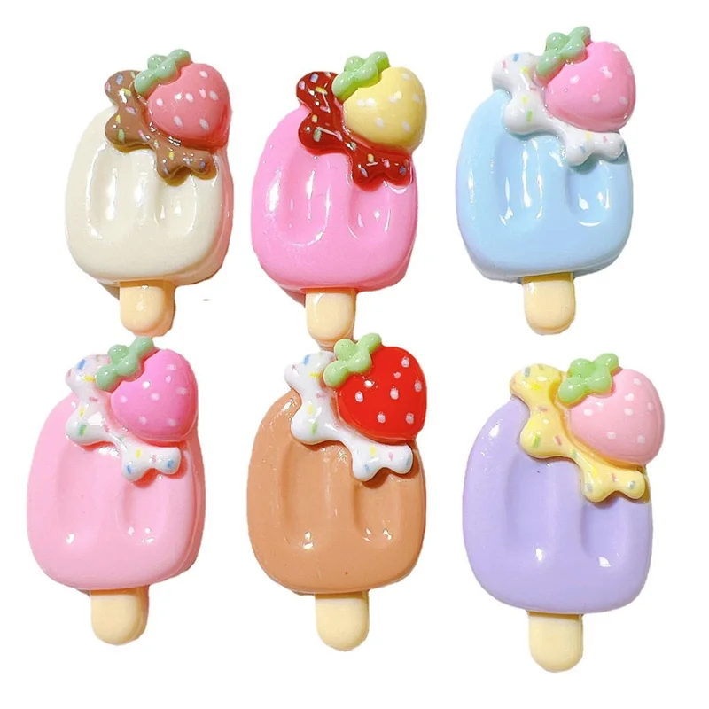 50Pcs DIY Ice Cream Popsicle Charms Strawberry PC Decorations for Phone Case Hair Accessories - Pink