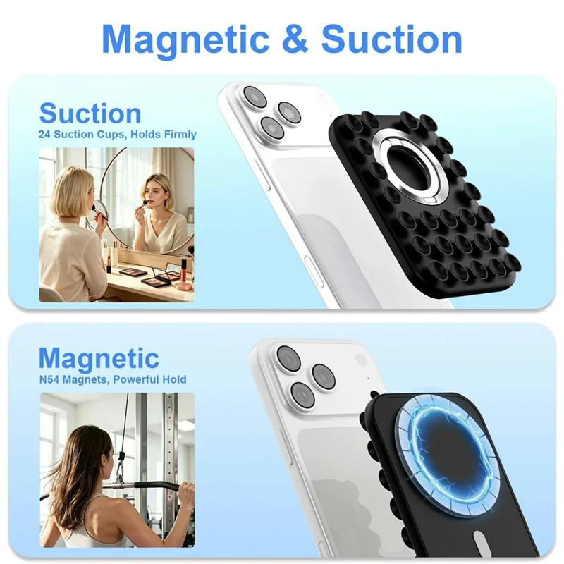 Soporte de Teléfono Magnético con Ventosas 2 en 1, Soporte con Anillo Plegable de Silicona Compatible con MagSafe - Negro
