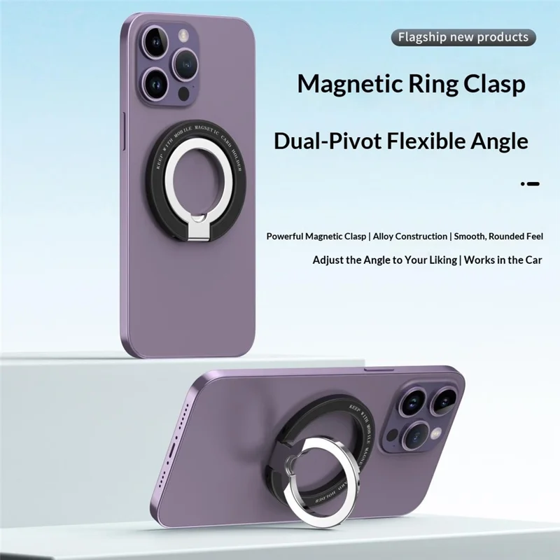 Magnetic Ring Stand 360° Rotation Foldable Finger Grip Dual-Axis Zinc Alloy Phone Kickstand - Black
