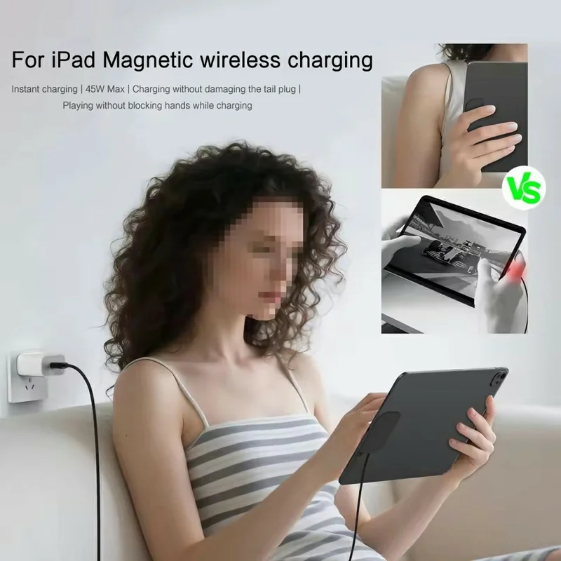 Magnetic Wireless Charger for iPad Pro 12.9 (2022) / (2021) / (2020) / (2018) PD Fast Charging Type-C Nylon Braided Cable - White