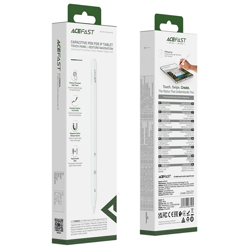 ACEFAST V5 Capacitive Stylus Pen with Gesture Navigation Magnetic Attachment for iPad - White